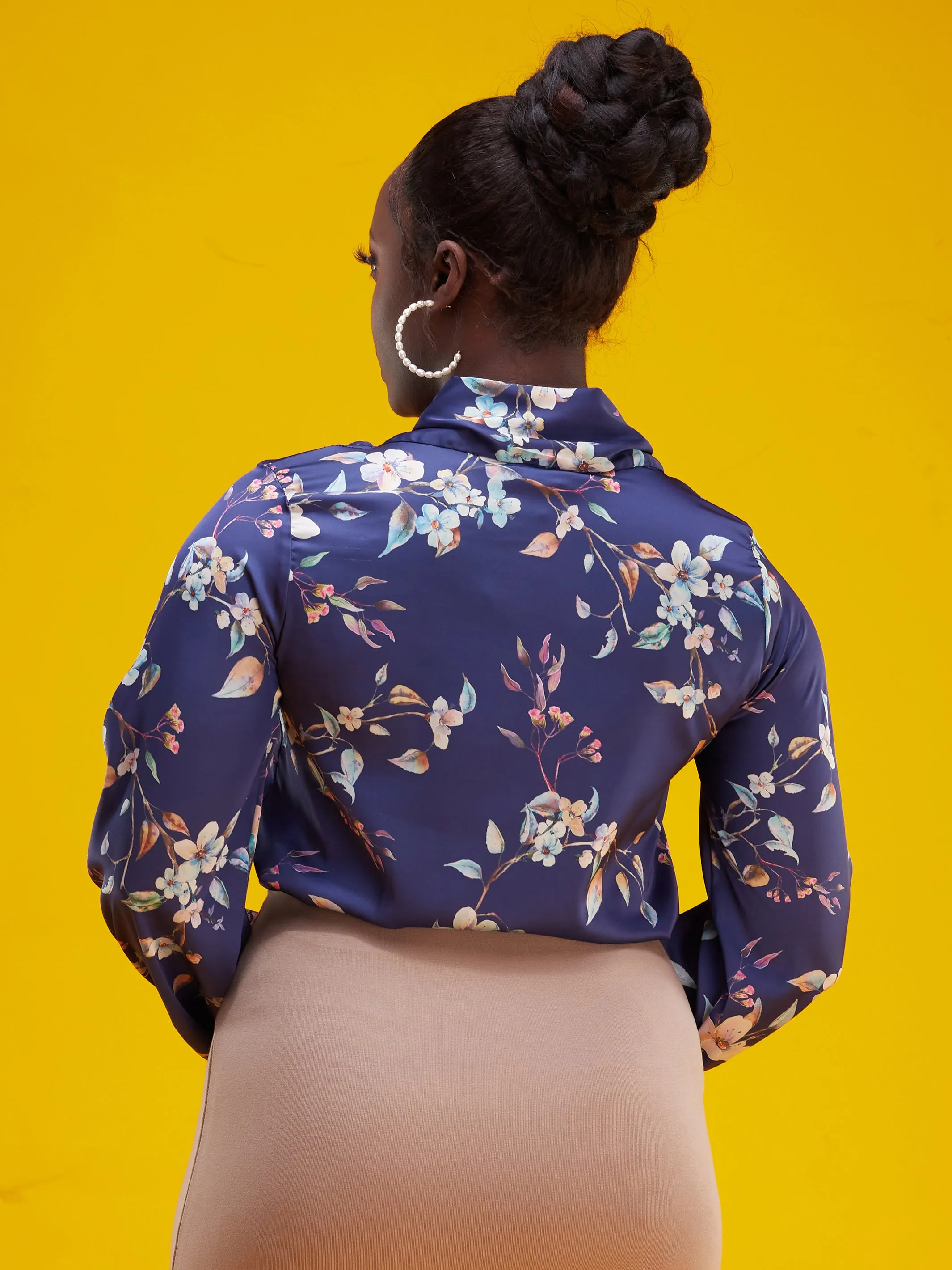 Vivo Bissa Bishop Long Sleeved Top - Navy Blue Floral Print