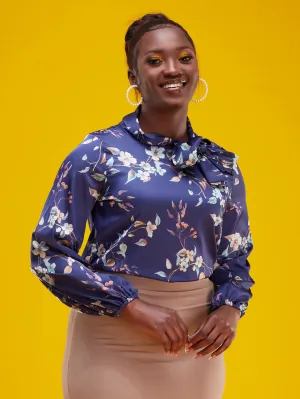 Vivo Bissa Bishop Long Sleeved Top - Navy Blue Floral Print
