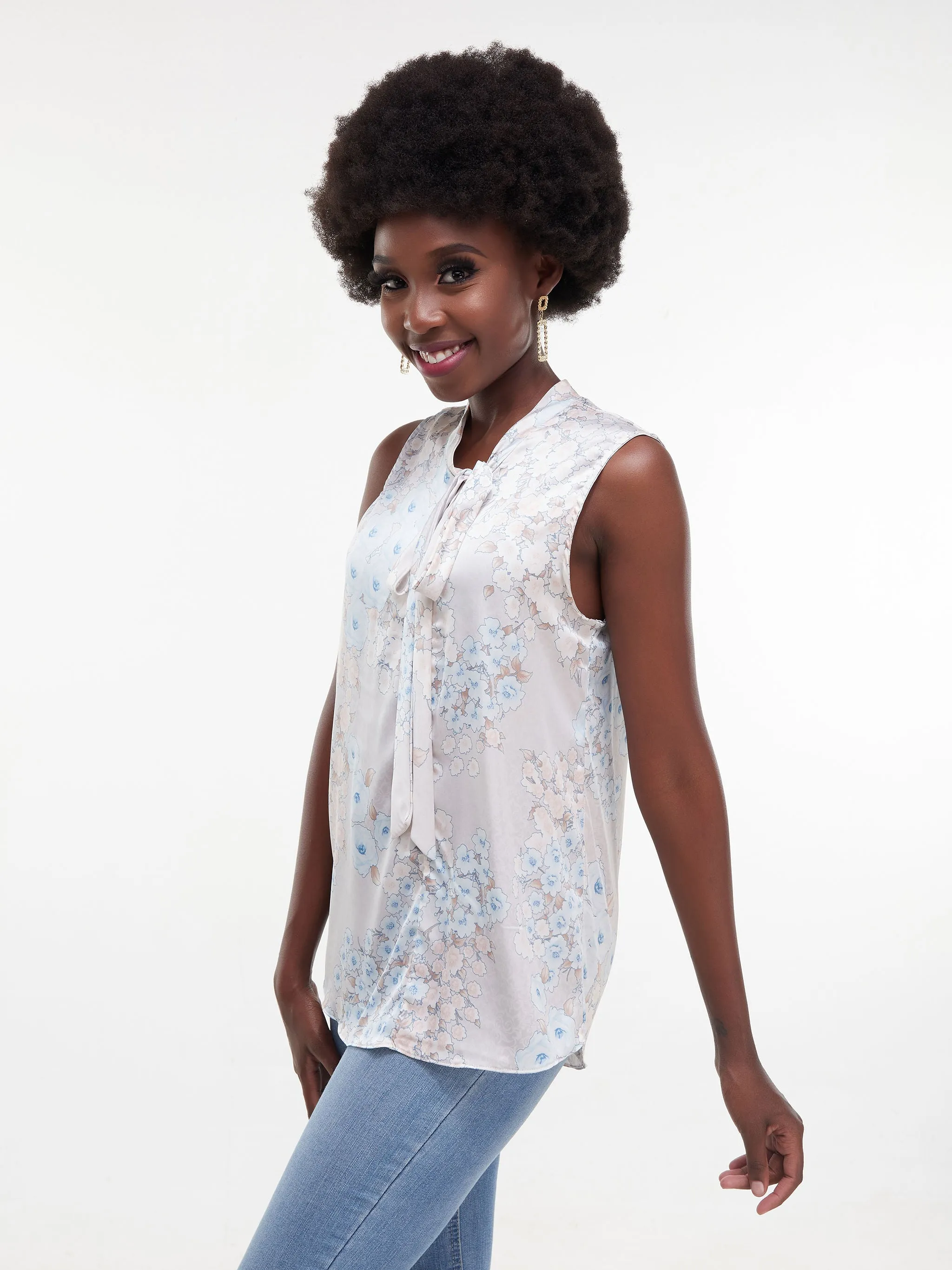 Vivo Bissa Sleeveless Side Bow Top - Beige/Light Blue Print