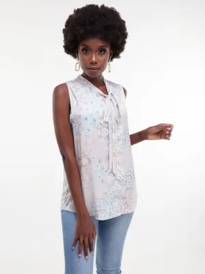 Vivo Bissa Sleeveless Side Bow Top - Beige/Light Blue Print