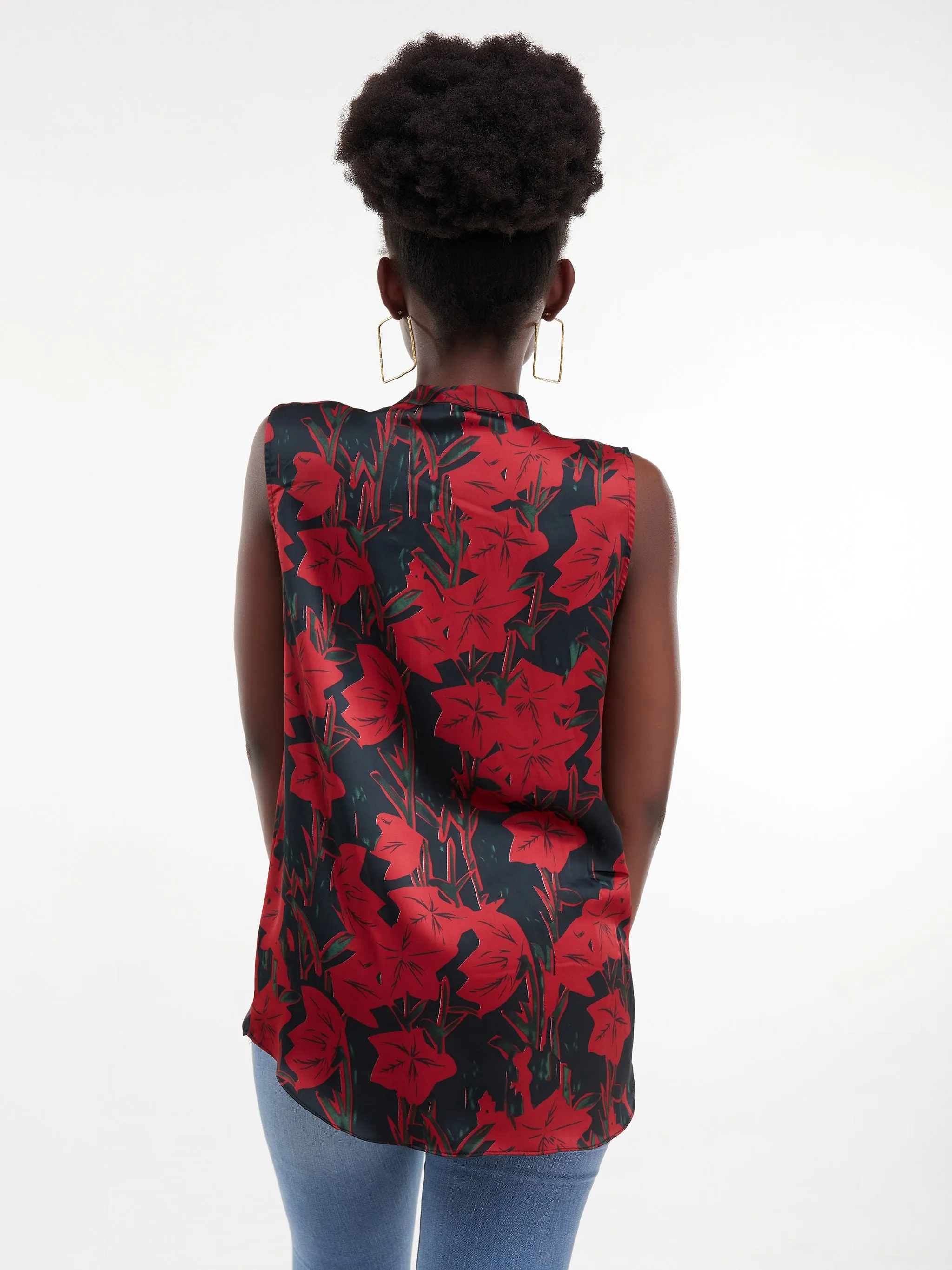 Vivo Bissa Sleeveless Side Bow Top - Red/Black Print