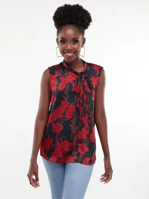 Vivo Bissa Sleeveless Side Bow Top - Red/Black Print