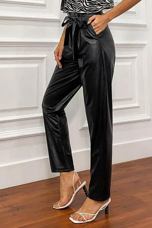 Waist Paperbag Belted Pu Leather Pants