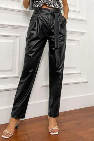 Waist Paperbag Belted Pu Leather Pants
