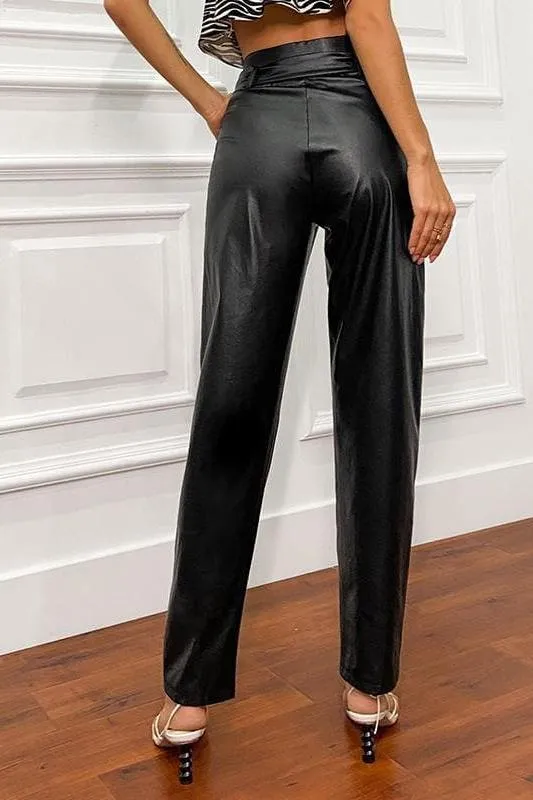 Waist Paperbag Belted Pu Leather Pants