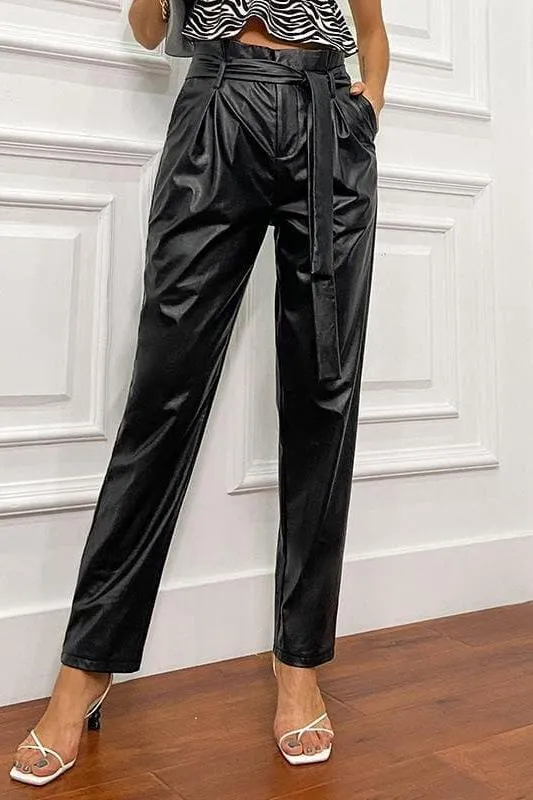 Waist Paperbag Belted Pu Leather Pants