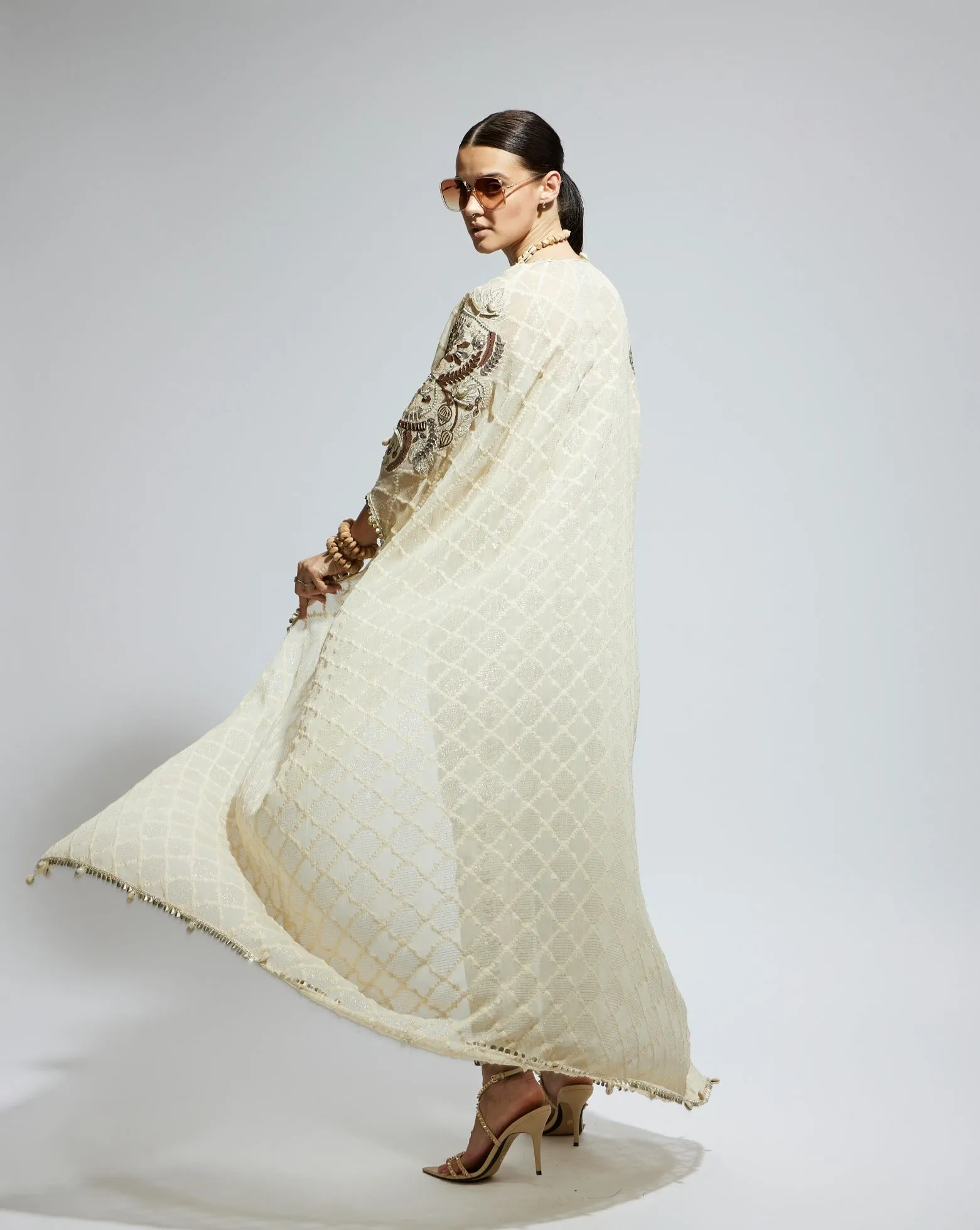 White embellished cape, bustier and pants
