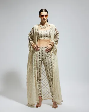 White embellished cape, bustier and pants