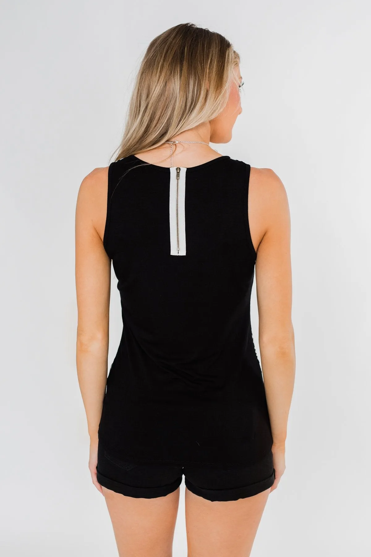 White Leopard Zipper Tank Top- Black and White
