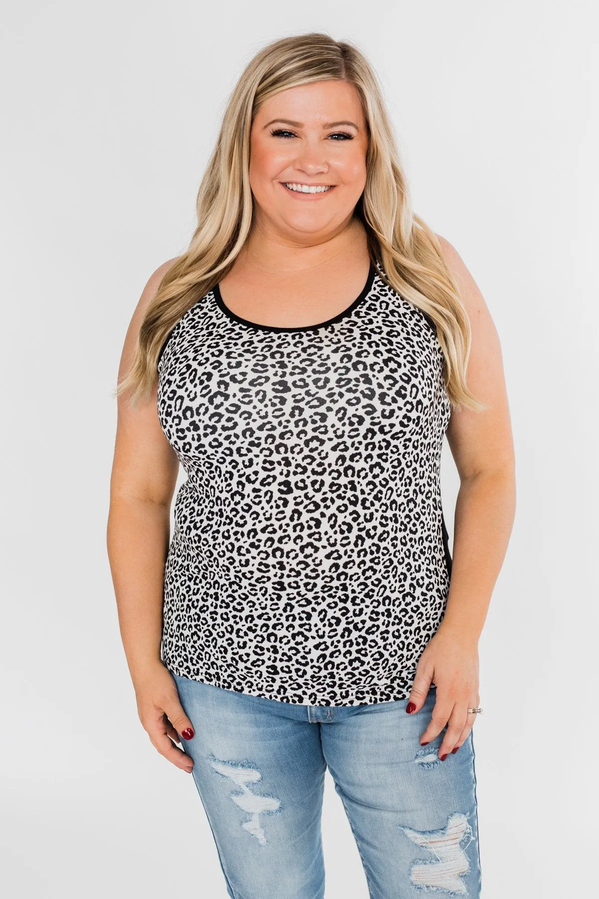 White Leopard Zipper Tank Top- Black and White
