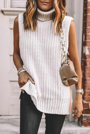 White Turtleneck Knitted Slit Hem Sweater Vest