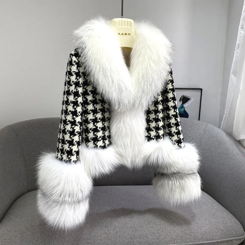 Winter Fashion Houndstooth Women Cashmere Wool Coat with Real Fox Fur Collar