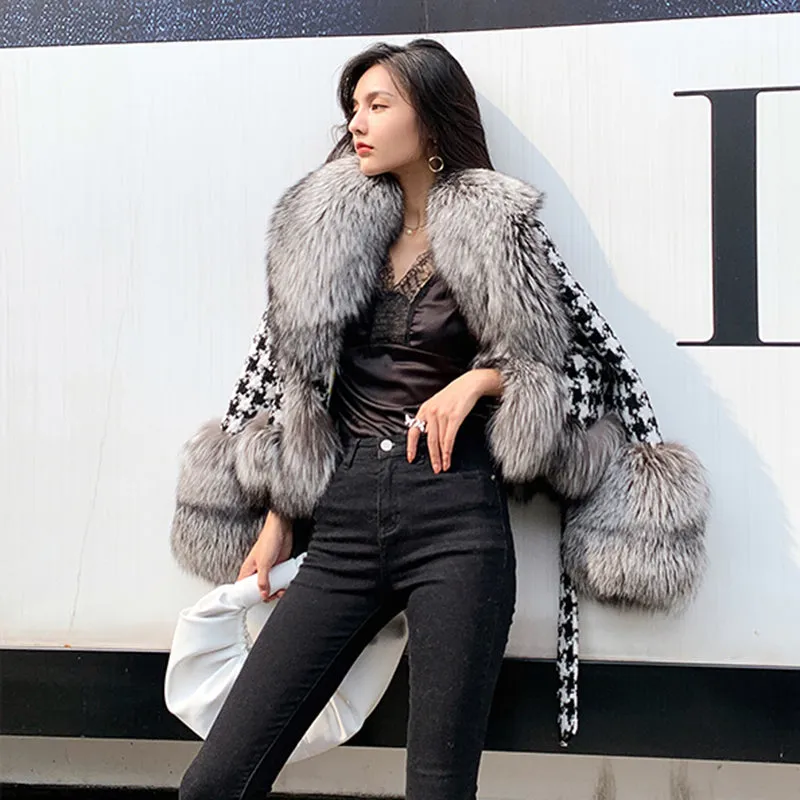 Winter Fashion Houndstooth Women Cashmere Wool Coat with Real Fox Fur Collar