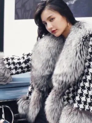Winter Fashion Houndstooth Women Cashmere Wool Coat with Real Fox Fur Collar