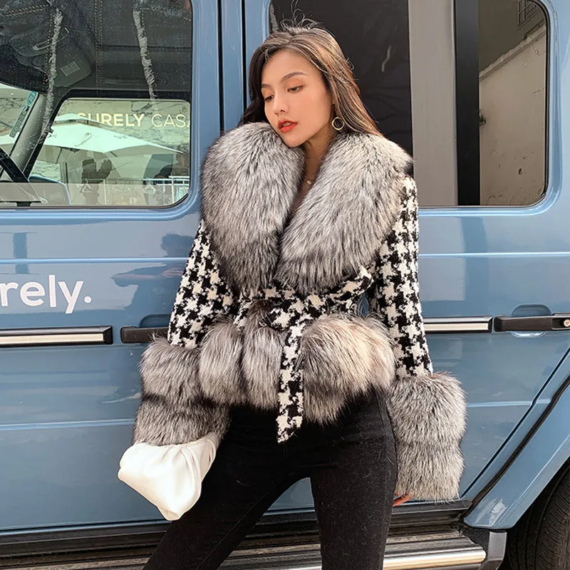 Winter Fashion Houndstooth Women Cashmere Wool Coat with Real Fox Fur Collar