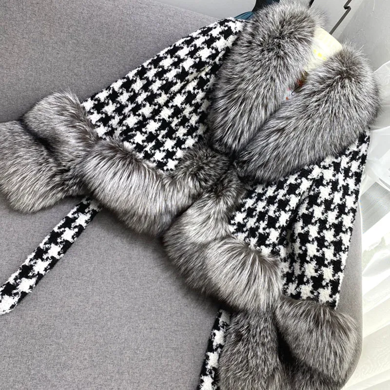 Winter Fashion Houndstooth Women Cashmere Wool Coat with Real Fox Fur Collar