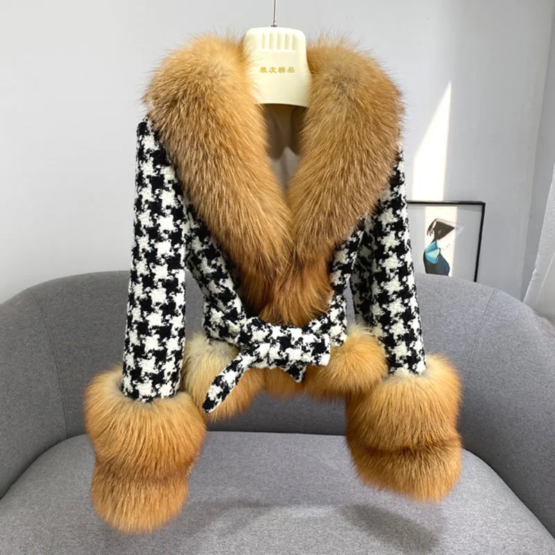 Winter Fashion Houndstooth Women Cashmere Wool Coat with Real Fox Fur Collar
