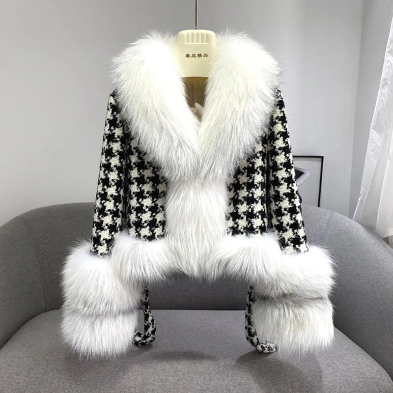 Winter Fashion Houndstooth Women Cashmere Wool Coat with Real Fox Fur Collar