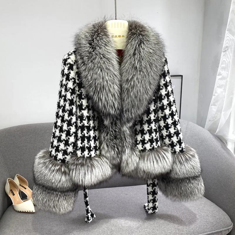 Winter Fashion Houndstooth Women Cashmere Wool Coat with Real Fox Fur Collar