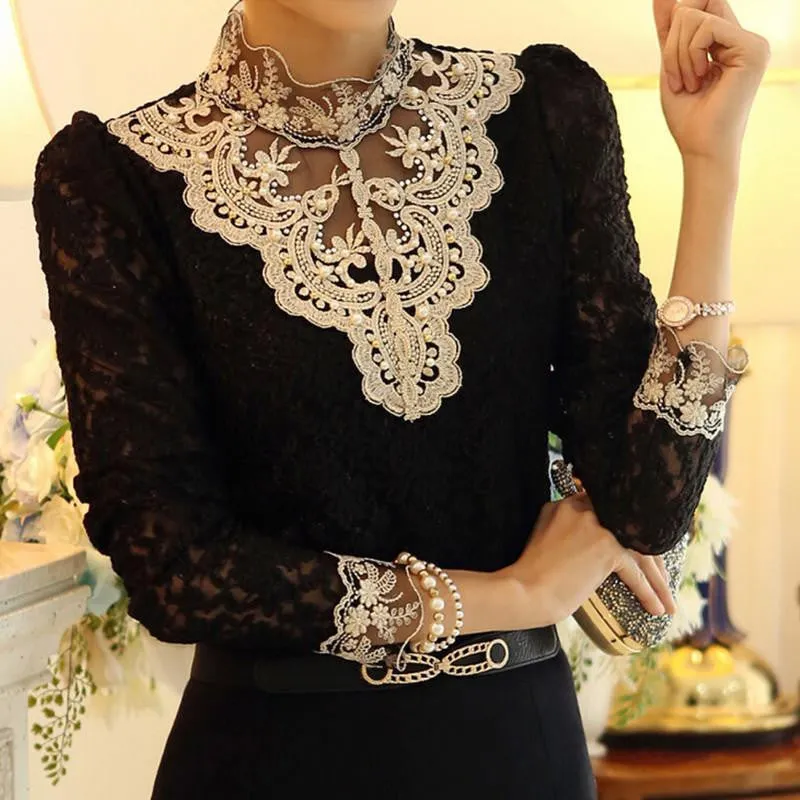 Women's Casual beading Long Sleeve Lace crochet Tops Shirt Blouse sheer turtleneck hollow out top