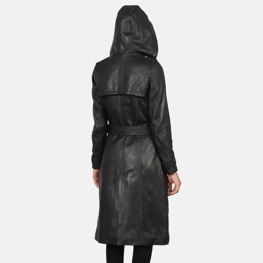 Women’s Cow Leather Black Trench Coat, Elegant Single breasted leather Long Coat, Button up Stylish Casual Ladies Leather Timeless Outerwear