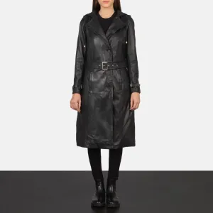 Women’s Cow Leather Black Trench Coat, Elegant Single breasted leather Long Coat, Button up Stylish Casual Ladies Leather Timeless Outerwear