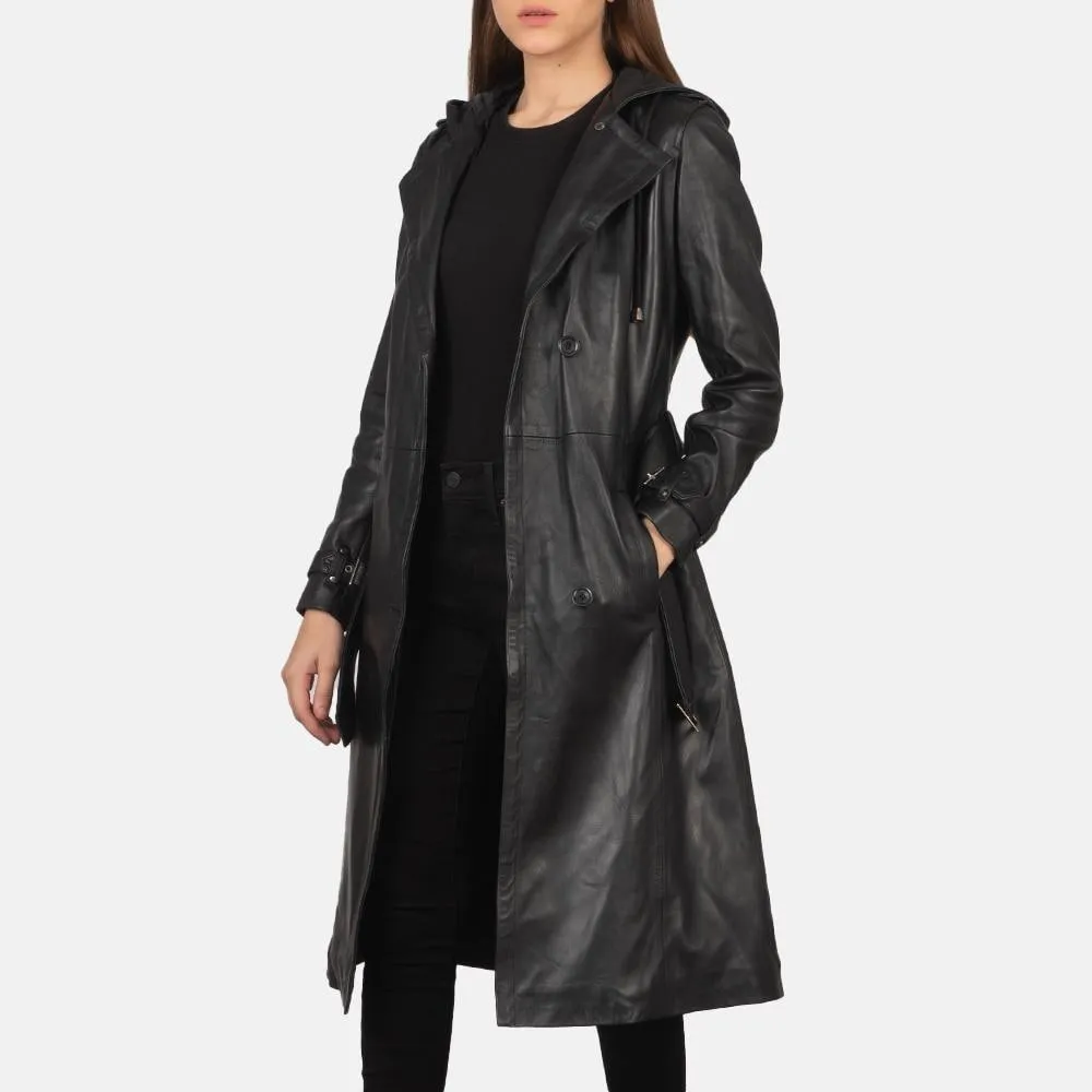Women’s Cow Leather Black Trench Coat, Elegant Single breasted leather Long Coat, Button up Stylish Casual Ladies Leather Timeless Outerwear