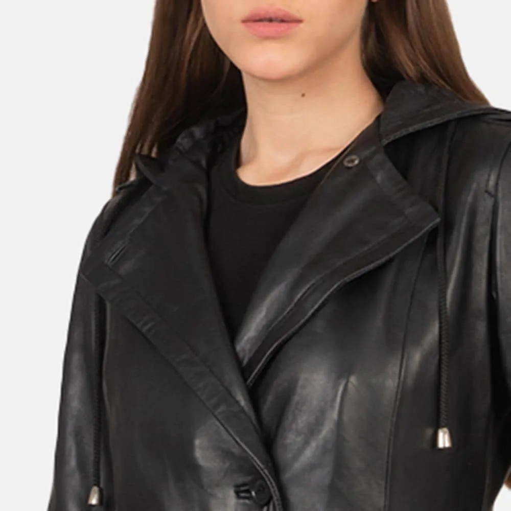 Women’s Cow Leather Black Trench Coat, Elegant Single breasted leather Long Coat, Button up Stylish Casual Ladies Leather Timeless Outerwear