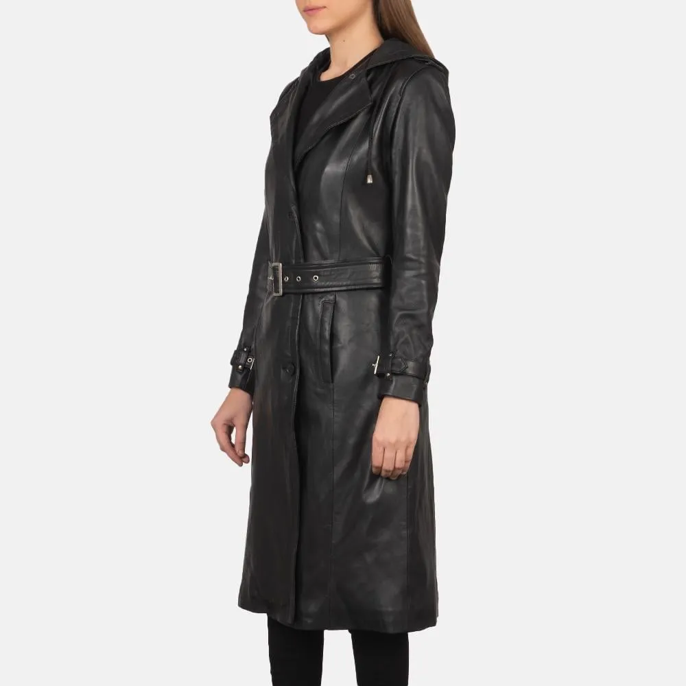 Women’s Cow Leather Black Trench Coat, Elegant Single breasted leather Long Coat, Button up Stylish Casual Ladies Leather Timeless Outerwear