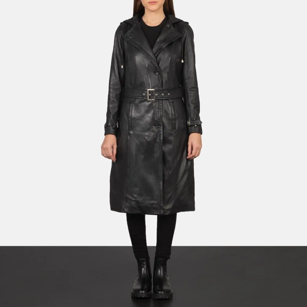 Women’s Cow Leather Black Trench Coat, Elegant Single breasted leather Long Coat, Button up Stylish Casual Ladies Leather Timeless Outerwear