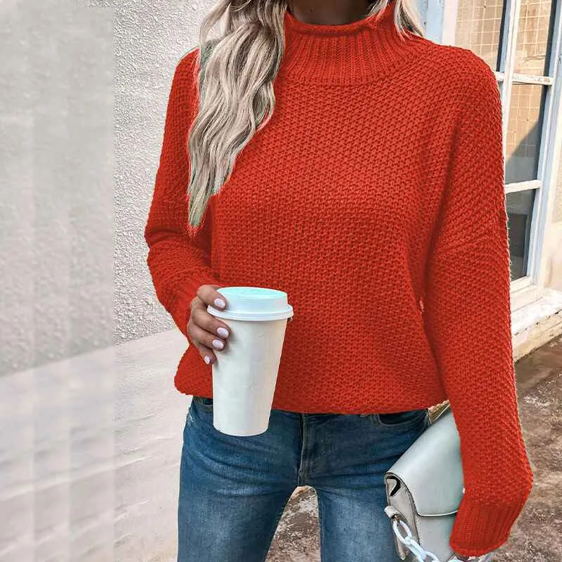 Women's Fall Long Sleeve Turtleneck Casual Loose Chunky Knitted Pullover Sweater Jumper Tops K406