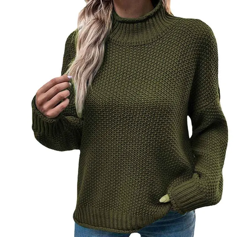 Women's Fall Long Sleeve Turtleneck Casual Loose Chunky Knitted Pullover Sweater Jumper Tops K406