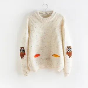 womens fashion winter autumn o-neck collar owl character with pocket hit color solid loose cashmere sweater pullovers