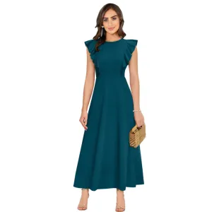 Womens Knitting strachable Solid Round Neck Ruffled Sleeve Dresses Morpich