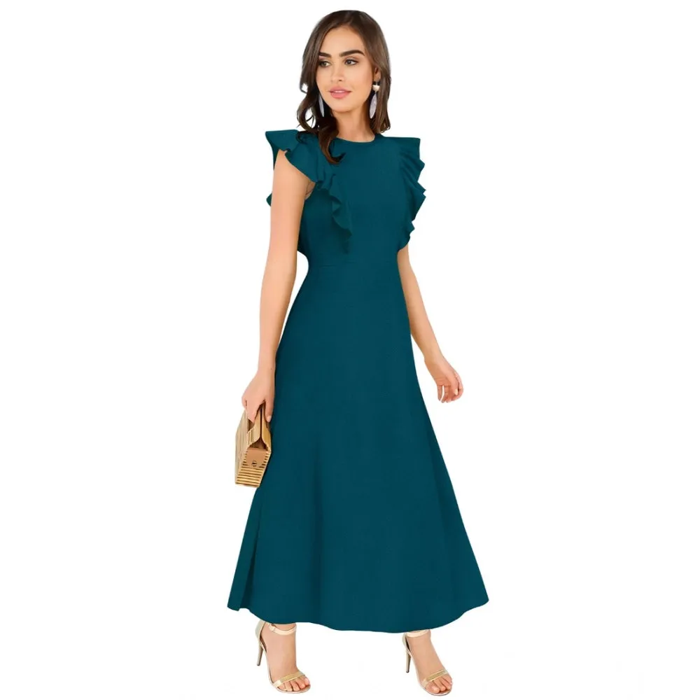 Womens Knitting strachable Solid Round Neck Ruffled Sleeve Dresses Morpich