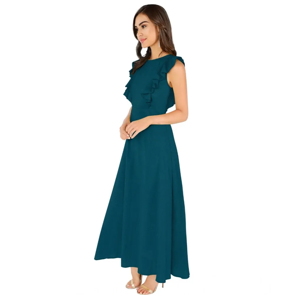 Womens Knitting strachable Solid Round Neck Ruffled Sleeve Dresses Morpich