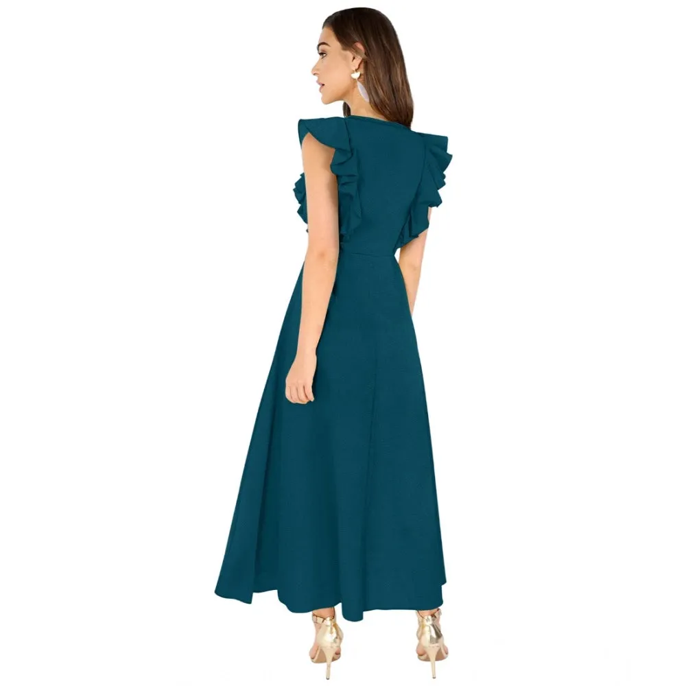 Womens Knitting strachable Solid Round Neck Ruffled Sleeve Dresses Morpich