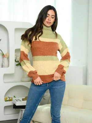 WOMEN'S LONG SLEEVE MOCK NECK COLOR BLOCK SWEATER