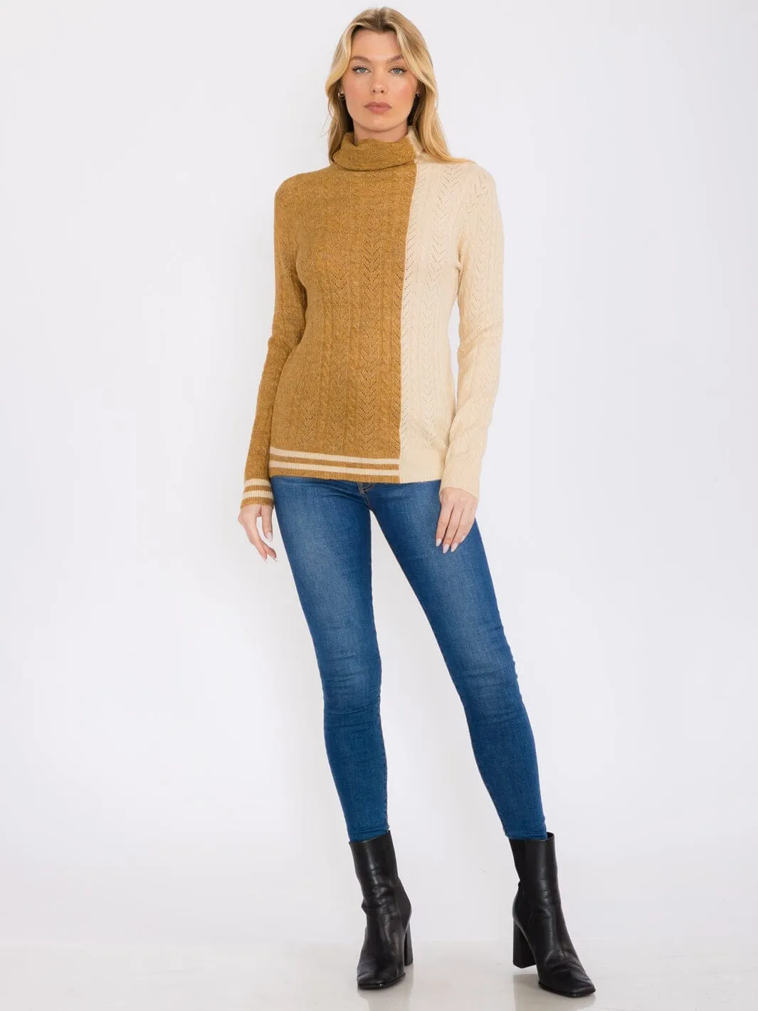 WOMEN'S LONG SLEEVES TURTLE NECK PULLOVER COLORBLOCK SWEATER