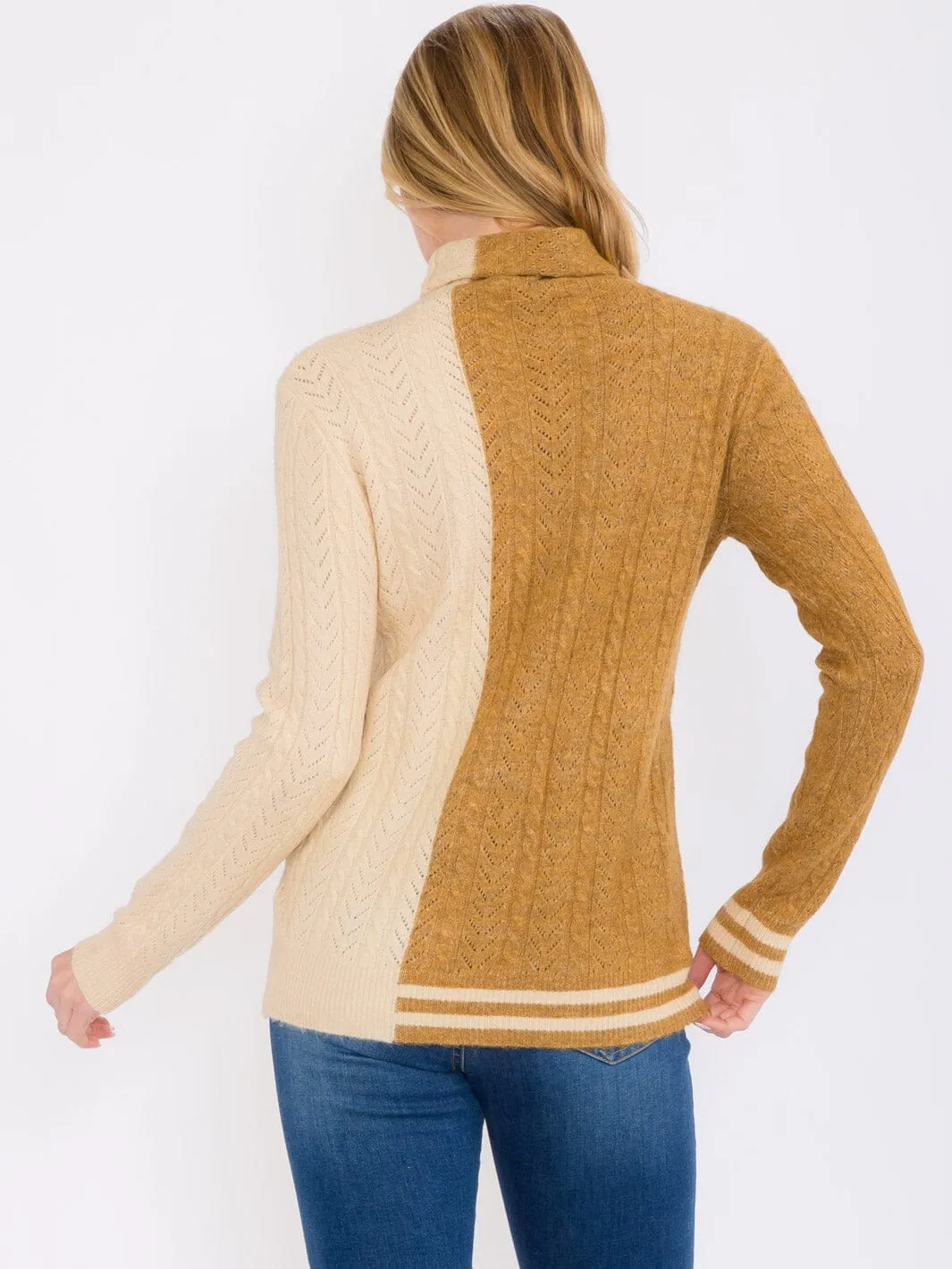 WOMEN'S LONG SLEEVES TURTLE NECK PULLOVER COLORBLOCK SWEATER