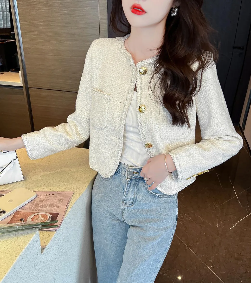 Women's Solid Button-up Blazer in Trendy Cropped Style