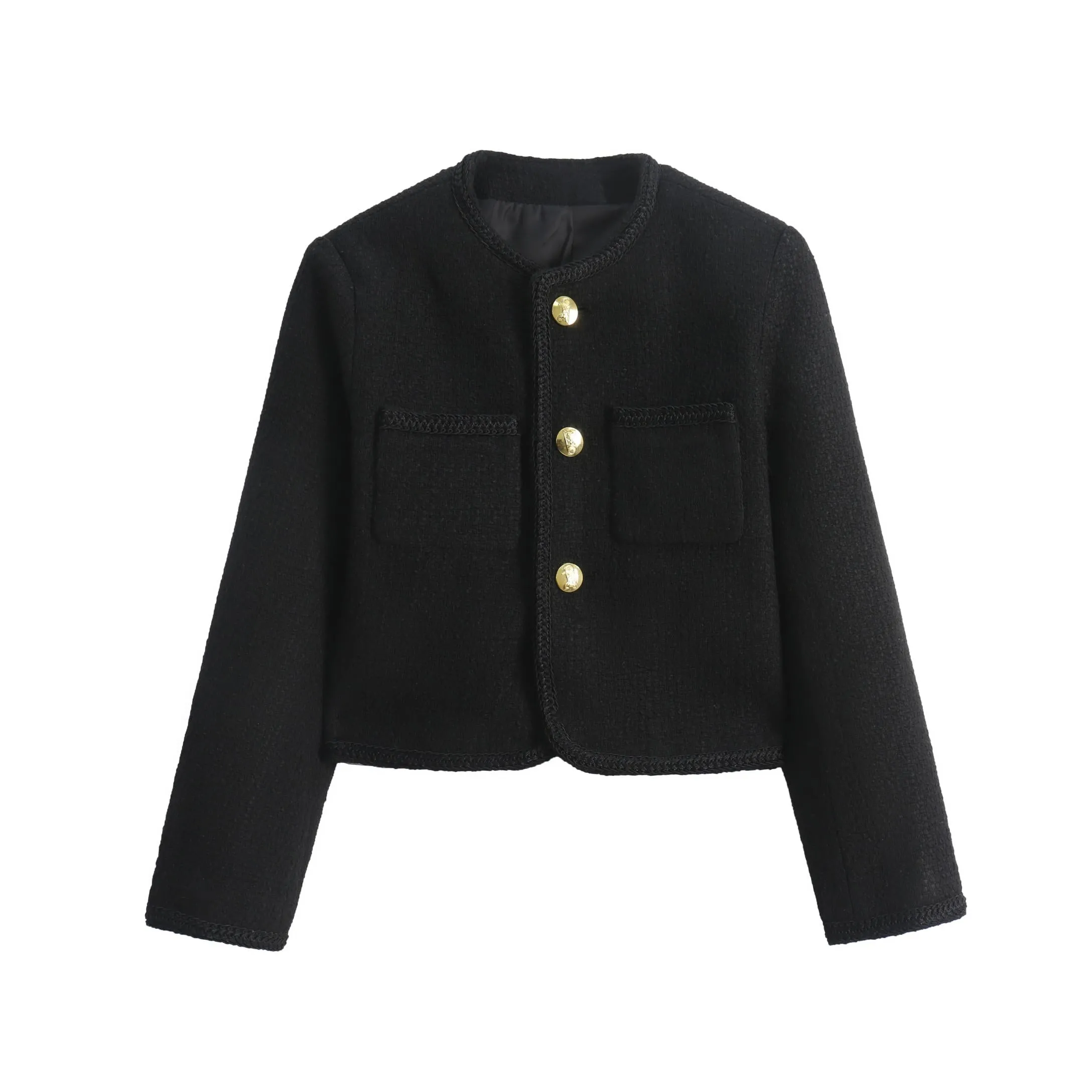 Women's Solid Button-up Blazer in Trendy Cropped Style