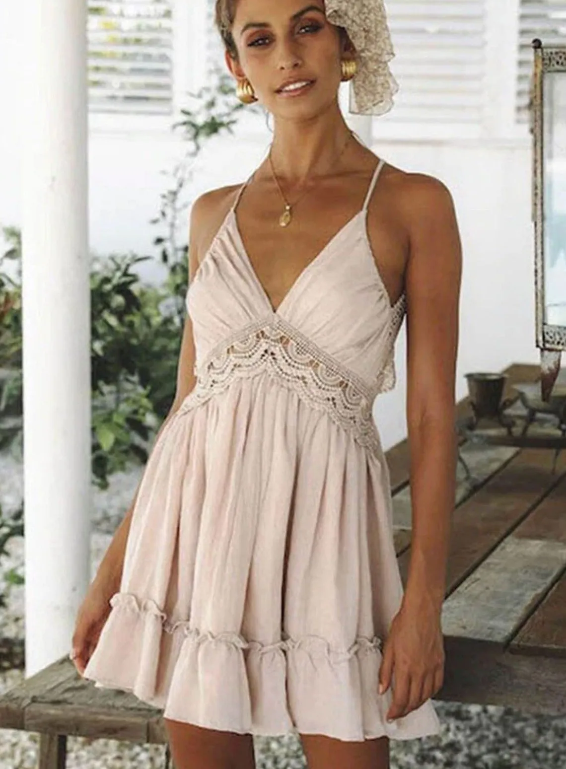 Women's Spring Crochet Ruffled Backless Dress