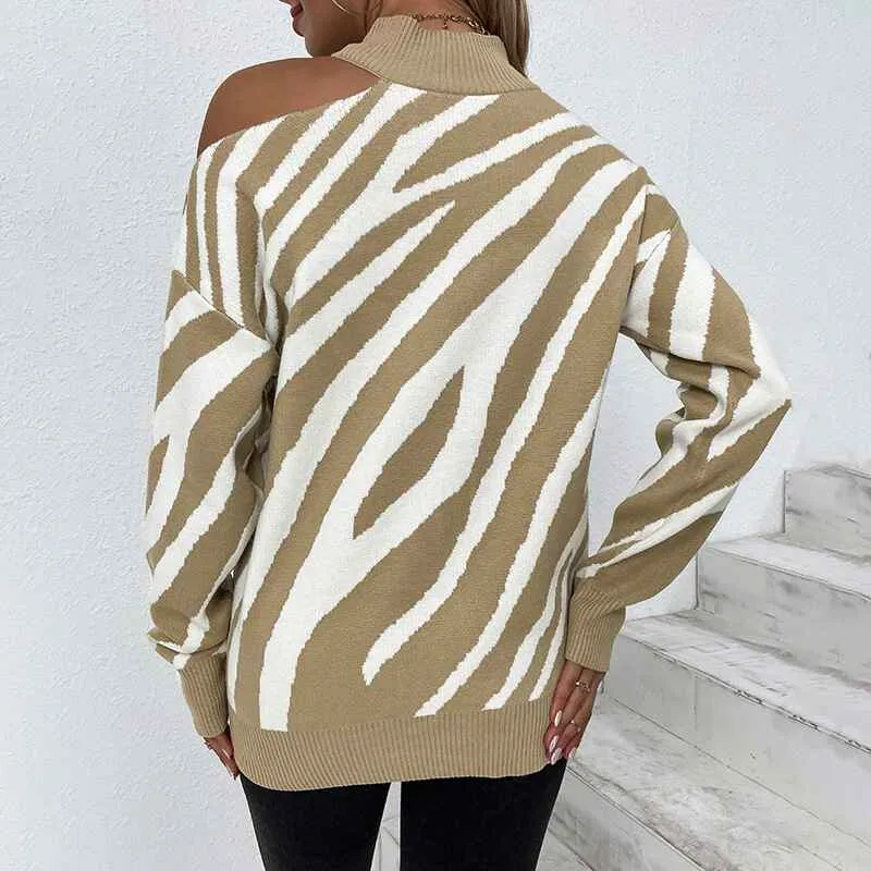 Women's Sweaters Cold Shoulder Long Sleeve Sweater Zebra Striped Print Color Block Knit Sweater Pullover Tops K267