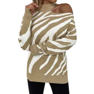 Women's Sweaters Cold Shoulder Long Sleeve Sweater Zebra Striped Print Color Block Knit Sweater Pullover Tops K267