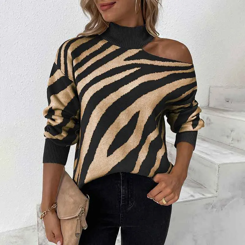 Women's Sweaters Cold Shoulder Long Sleeve Sweater Zebra Striped Print Color Block Knit Sweater Pullover Tops K267