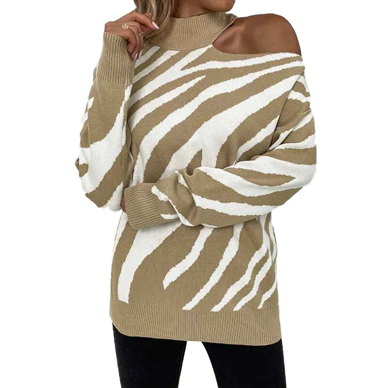 Women's Sweaters Cold Shoulder Long Sleeve Sweater Zebra Striped Print Color Block Knit Sweater Pullover Tops K267