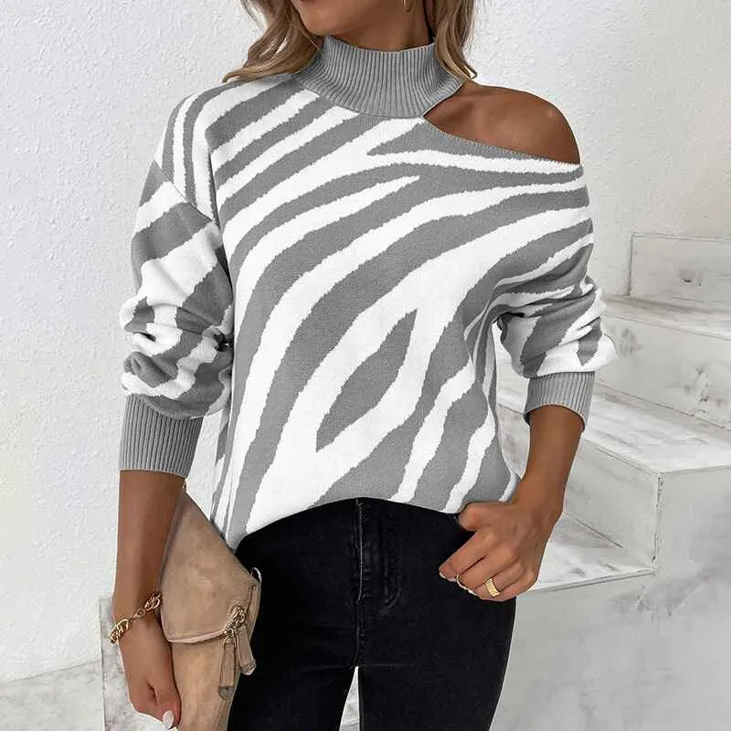 Women's Sweaters Cold Shoulder Long Sleeve Sweater Zebra Striped Print Color Block Knit Sweater Pullover Tops K267