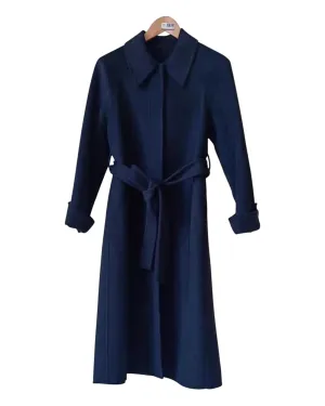Woollen Long Navy Collared Coat with Belt