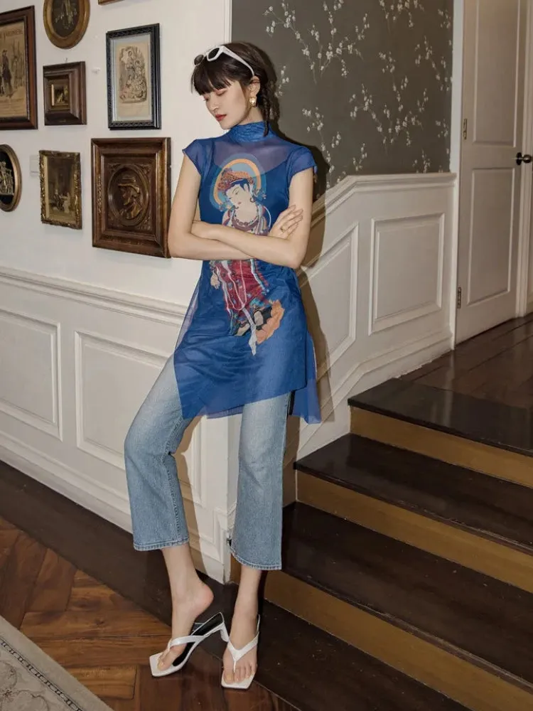 Y2K Chinese Woman Mesh Top